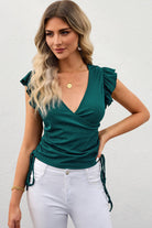 Drawstring Ruffled Surplice Cap Sleeve Blouse Trendsi