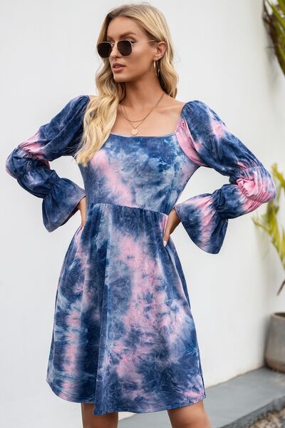 Tie-Dye Square Neck Flounce Sleeve Dress Trendsi