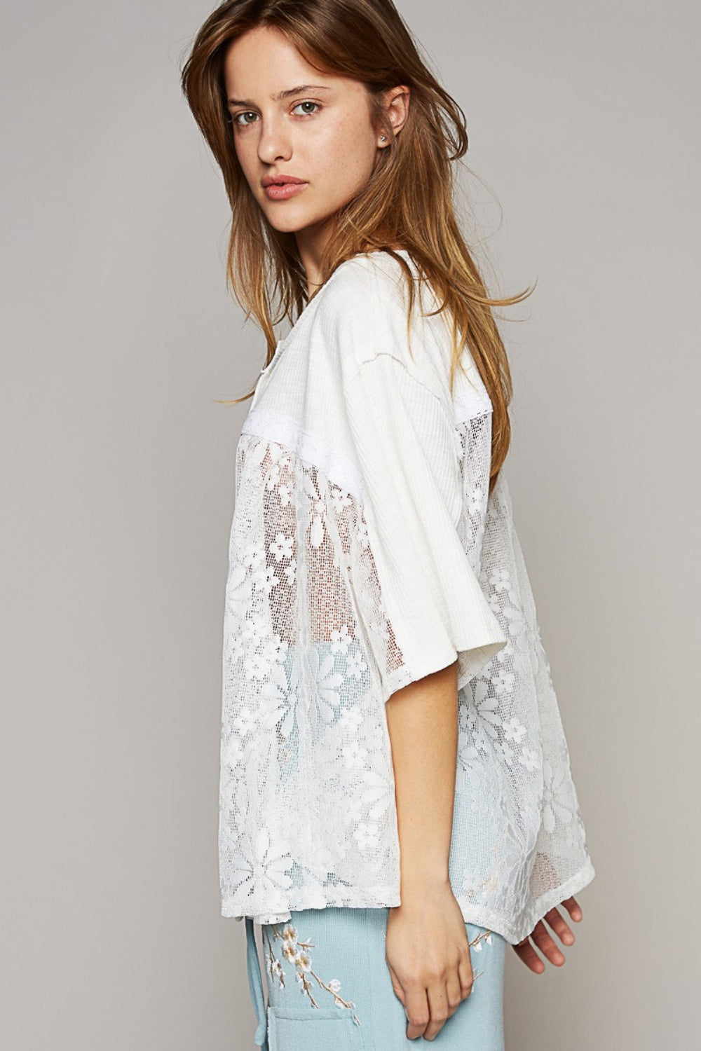 POL Round Neck Short Sleeve Lace Top Trendsi