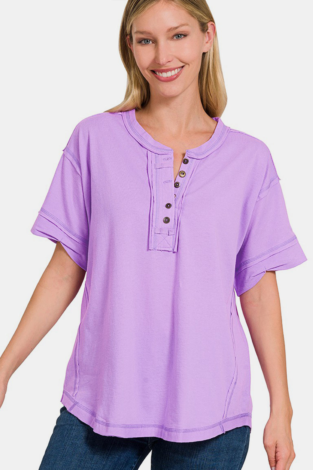 Zenana Exposed Seam Half Button Short Sleeve Top Trendsi