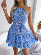 Tied Printed Grecian Neck Mini Dress Trendsi