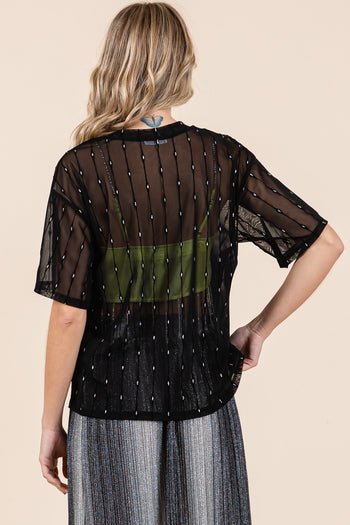 GeeGee Round Neck Drop Shoulder Mesh Glitter Top Trendsi