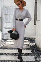 Decorative Button Notched Dropped Shoulder Sweater Dress Trendsi