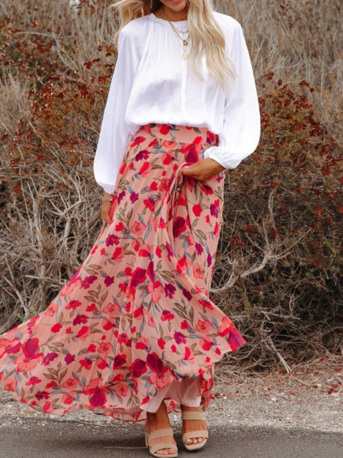 Printed Elastic Waist Pleated Maxi Skirt Trendsi