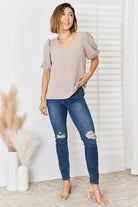 Zenana V-Neck Puff Sleeve Top Trendsi