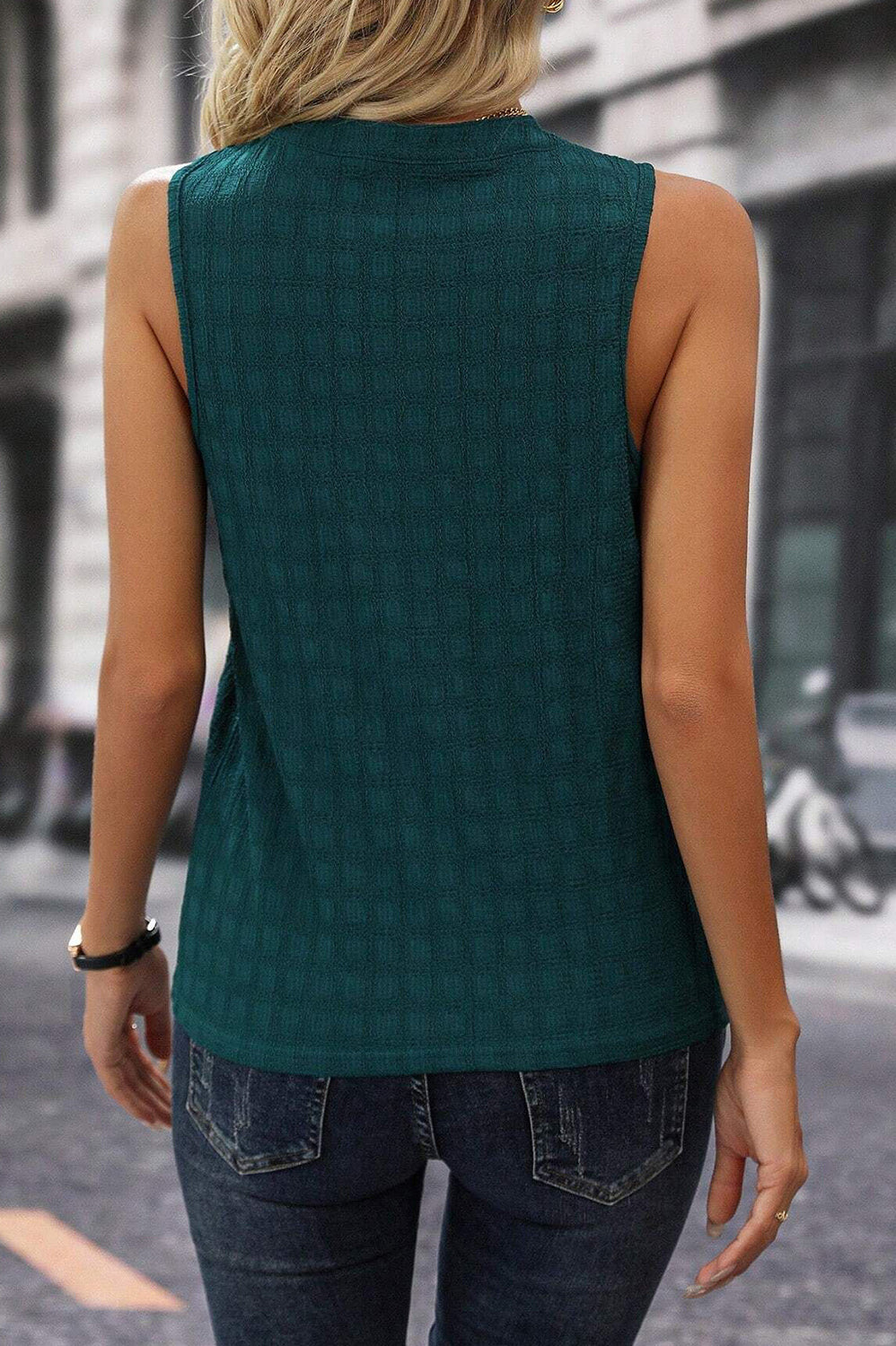 Solid Notched Sleeveless Blouse Trendsi