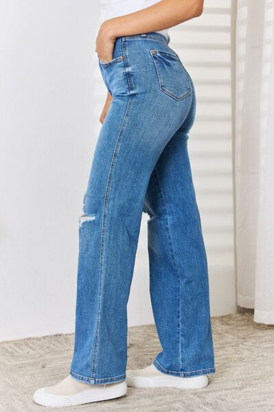 Judy Blue Full Size High Waist Distressed Straight-Leg Jeans Trendsi