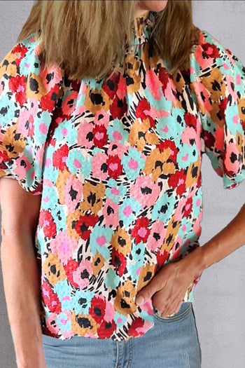 Printed Mock Neck Short Sleeve Blouse Trendsi