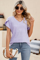 Eyelet V-Neck Petal Sleeve T-Shirt Trendsi