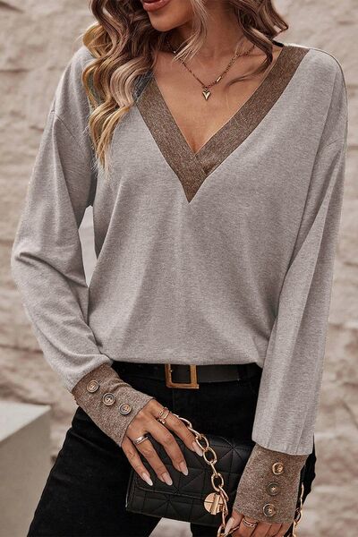 V-Neck Dropped Shoulder Blouse Trendsi