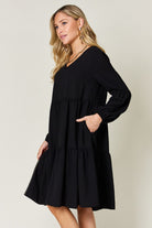 Double Take Full Size V-Neck Balloon Sleeve Tiered Dress Trendsi