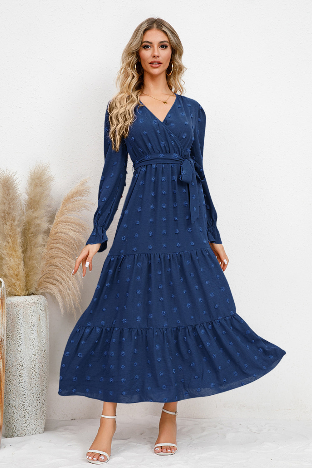 Swiss Dot Tied Surplice Flounce Sleeve Dress Trendsi