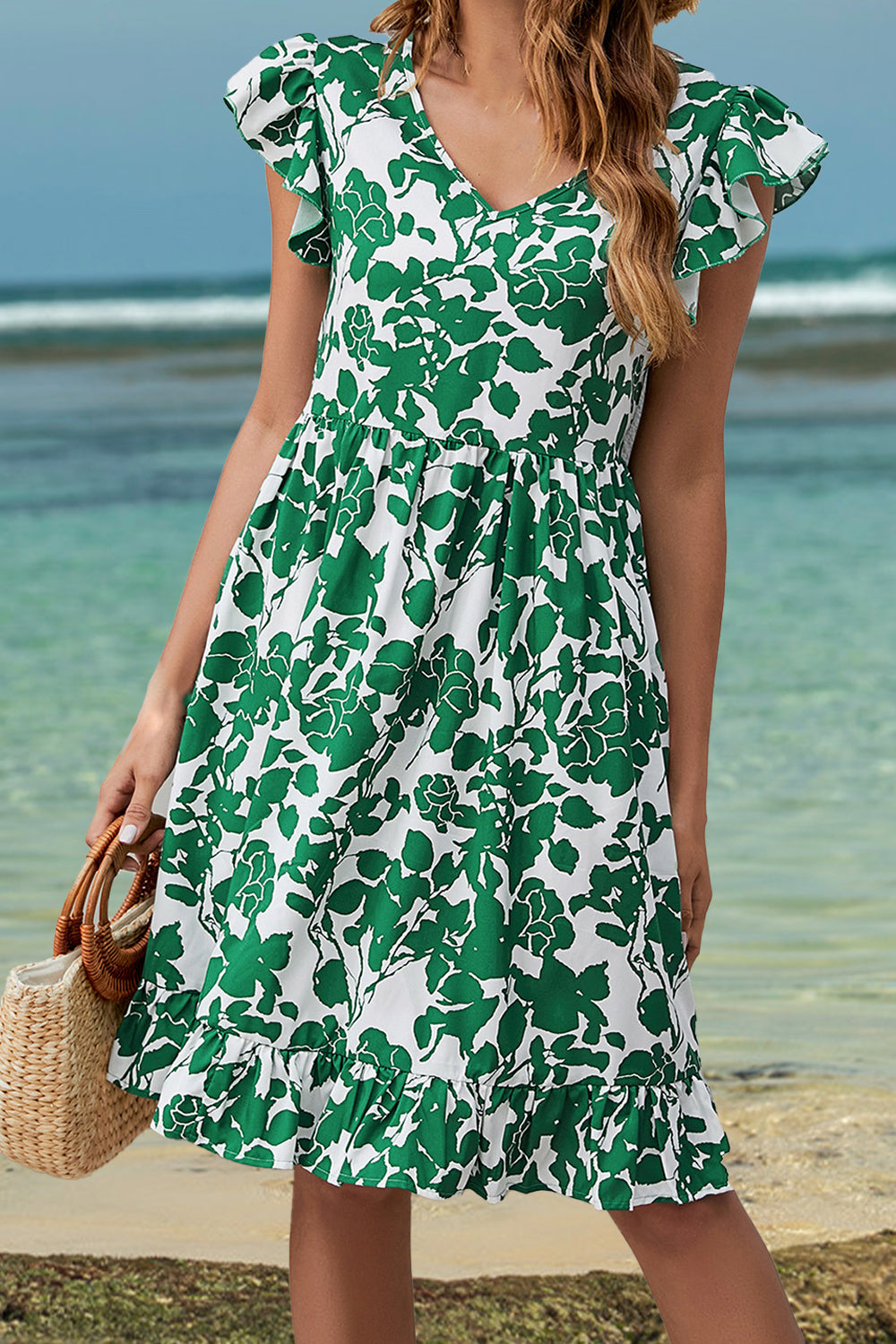 Ruffled Printed V-Neck Cap Sleeve Dress Trendsi