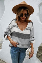 Color Block V-Neck Dropped Shoulder Sweater Trendsi