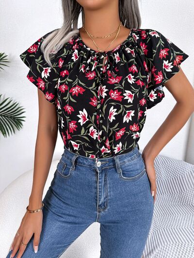 Floral Tie Neck Flutter Sleeve Blouse Trendsi