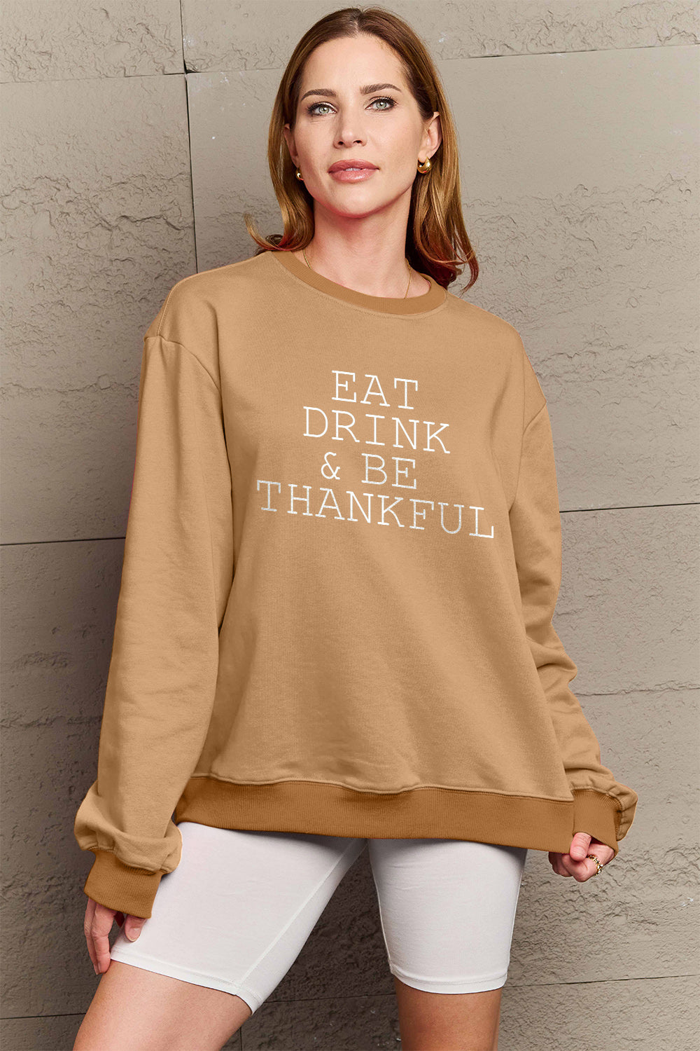 Simply Love Full Size EAT DRINK & BE THANKFUL Round Neck Sweatshirt Trendsi