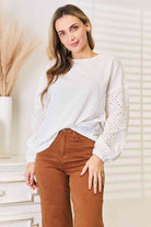 Double Take Eyelet Dropped Shoulder Round Neck Blouse Trendsi