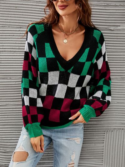 Checkered V-Neck Lantern Sleeve Sweater Trendsi