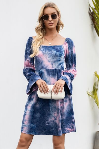 Tie-Dye Square Neck Flounce Sleeve Dress Trendsi