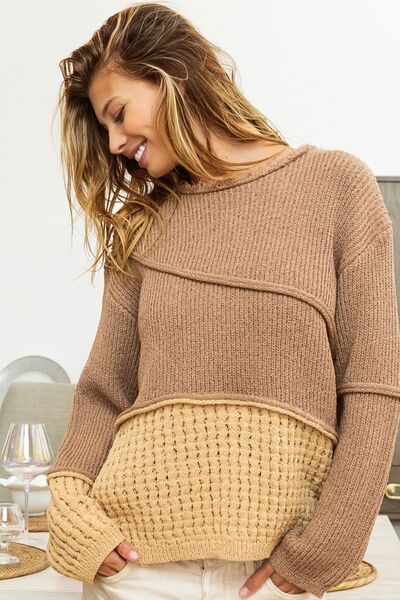 BiBi Texture Detail Contrast Drop Shoulder Sweater Trendsi