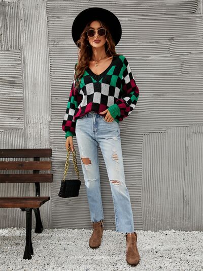 Checkered V-Neck Lantern Sleeve Sweater Trendsi