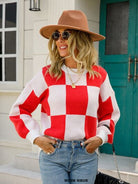 Checkered Round Neck Dropped Shoulder Sweater Trendsi