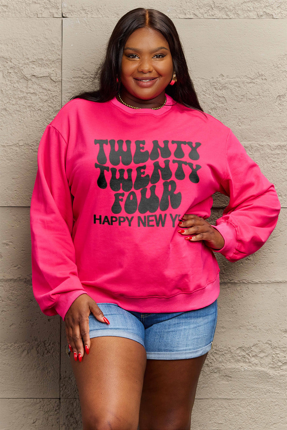 Simply Love Full Size TWENTY TWENTY FOUR HAPPY NEW YEAR Dropped Shoulder Sweatshirt Trendsi