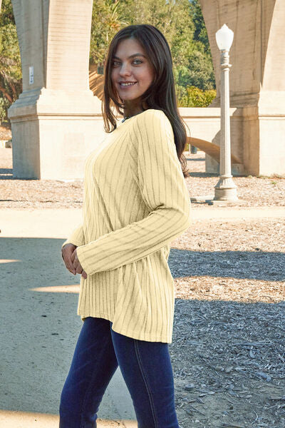 Basic Bae Full Size Ribbed Round Neck Long Sleeve Knit Top Trendsi