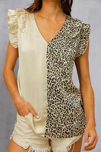 Ruffled Leopard V-Neck Cap Sleeve Blouse Trendsi