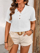 Eyelet V-Neck Short Sleeve Top Trendsi