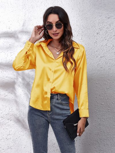 Button Up Collared Neck Long Sleeve Shirt Trendsi