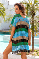 Openwork Striped V-Neck Short Sleeve Cover Up Trendsi