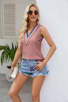 Contrast Eyelet V-Neck Tank Trendsi