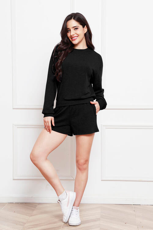 Round Neck Long Sleeve Top and Shorts Set Trendsi