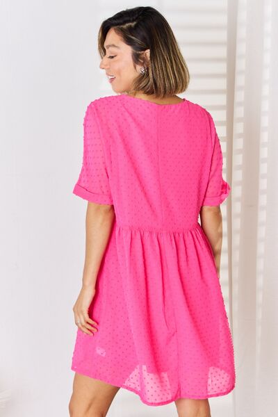 Zenana Swiss Dot Rolled Short Sleeve Babydoll Dress Trendsi