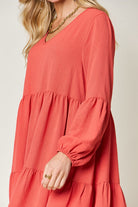 Double Take Full Size V-Neck Balloon Sleeve Tiered Dress Trendsi