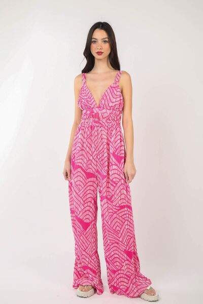 VERY J Printed Pleated Sleeveless Wide Leg Jumpsuit Trendsi