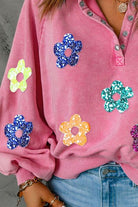 Sequin Flower Half Snap Lantern Sleeve Sweatshirt Trendsi