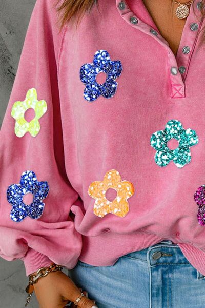 Sequin Flower Half Snap Lantern Sleeve Sweatshirt Trendsi