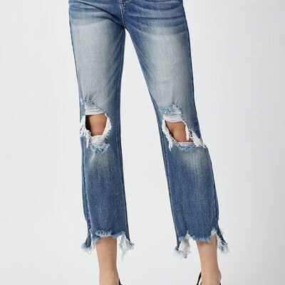 RISEN High Waist Distressed Frayed Hem Cropped Straight Jeans Trendsi
