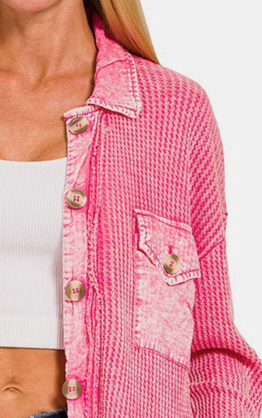 Zenana Waffle-Knit Button Up Dropped Shoulder Jacket Trendsi