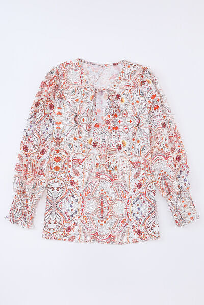 Printed Tie Neck Long Sleeve Blouse Trendsi