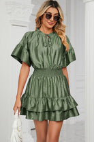 Smocked Tie Neck Flounce Sleeve Dress Trendsi