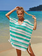 Tassel Openwork Striped V-Neck Cover Up Trendsi