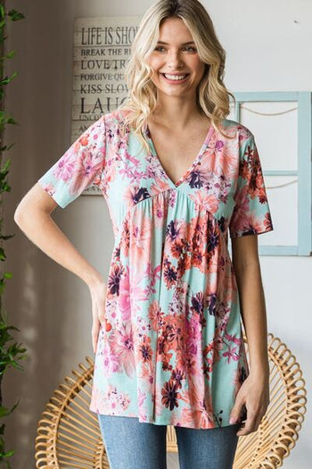 Heimish Full Size Floral V-Neck Short Sleeve Babydoll Blouse Trendsi