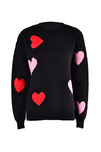 Heart Round Neck Droppped Shoulder Sweater Trendsi