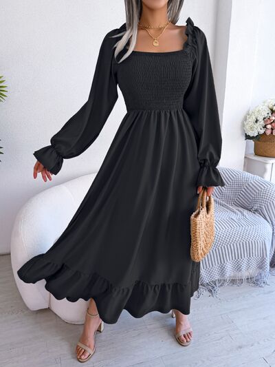 Smocked Square Neck Flounce Sleeve Dress Trendsi