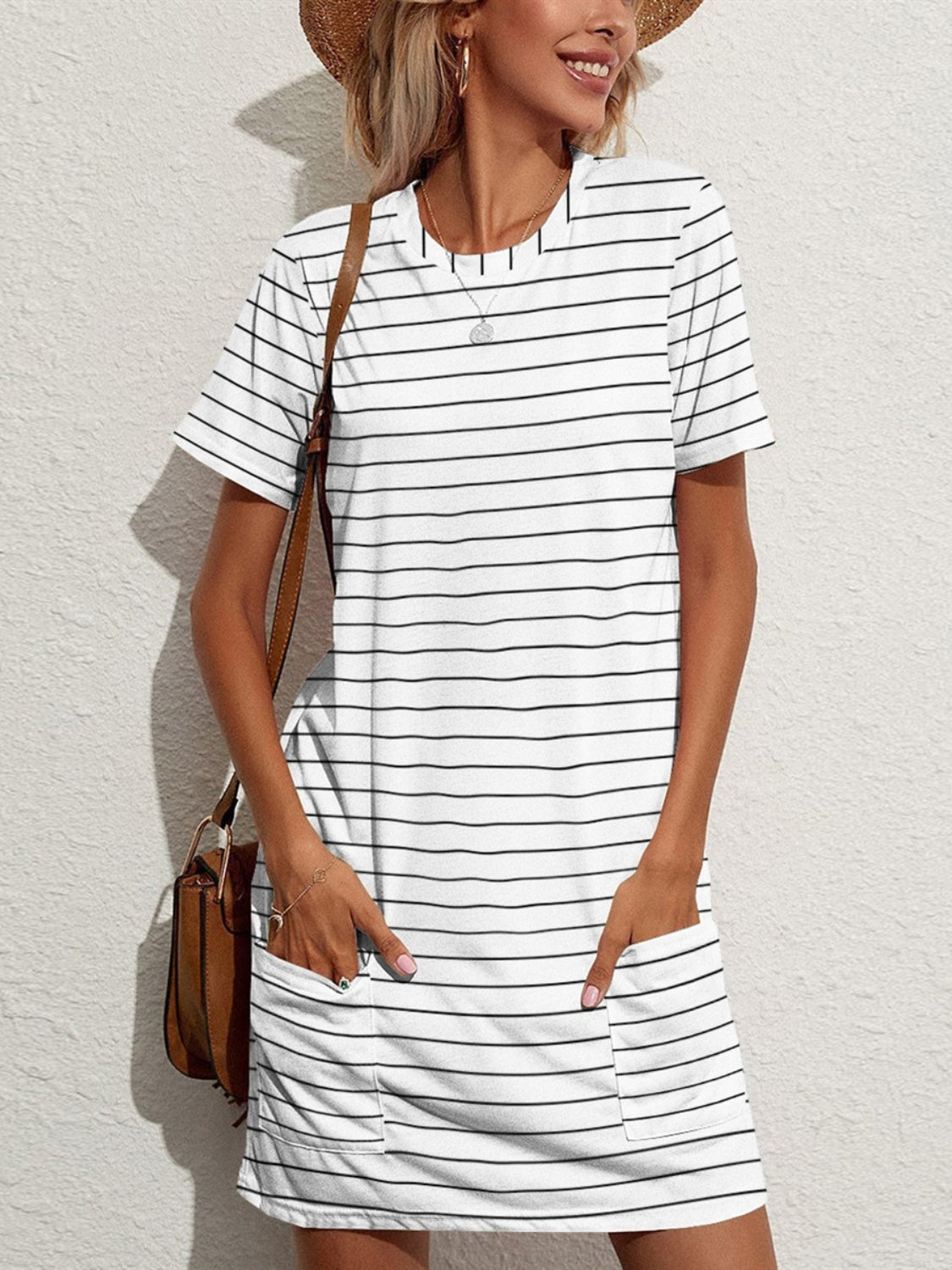 Pocketed Striped Round Neck Short Sleeve Dress Trendsi