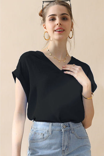 Ninexis V-Neck Trim Rolled Short Sleeve Shirt Trendsi