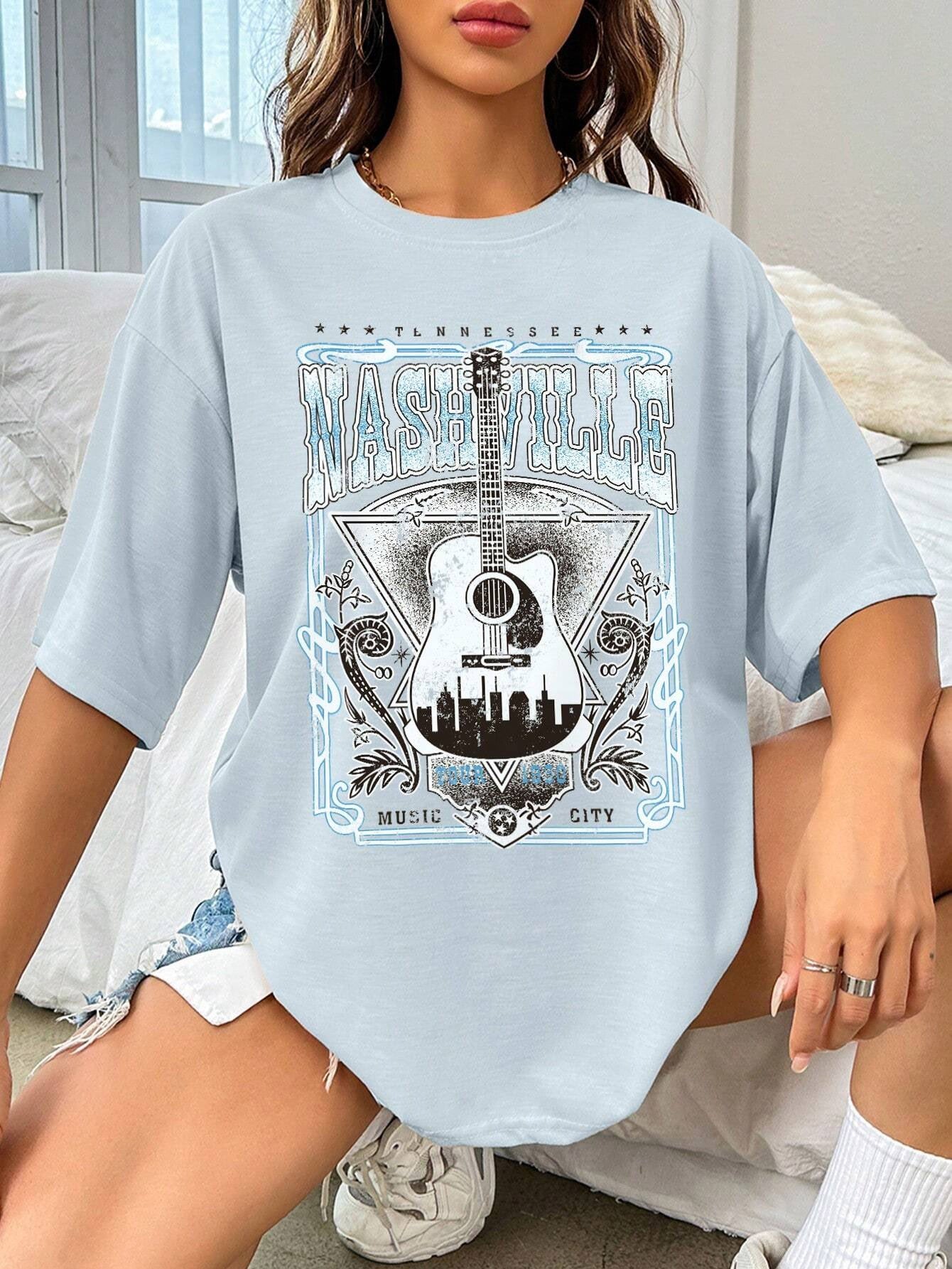 Guitar Graphic Round Neck Half Sleeve T-Shirt Trendsi